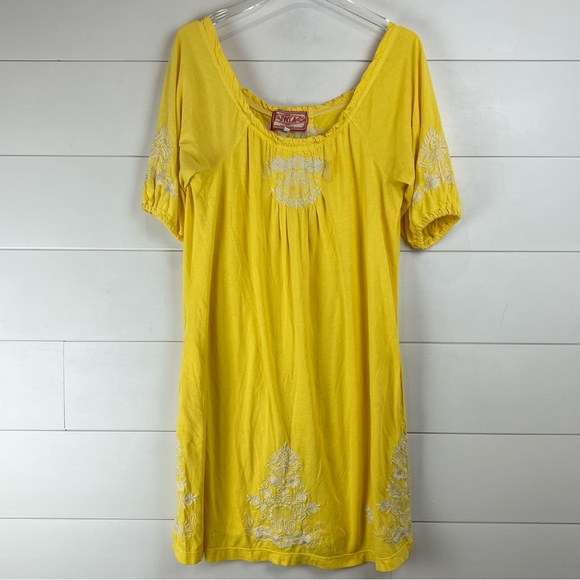 JOHNNY WAS Embroidered Jersey Knit Shift Mini Peasant Dress Sunny Yellow XS